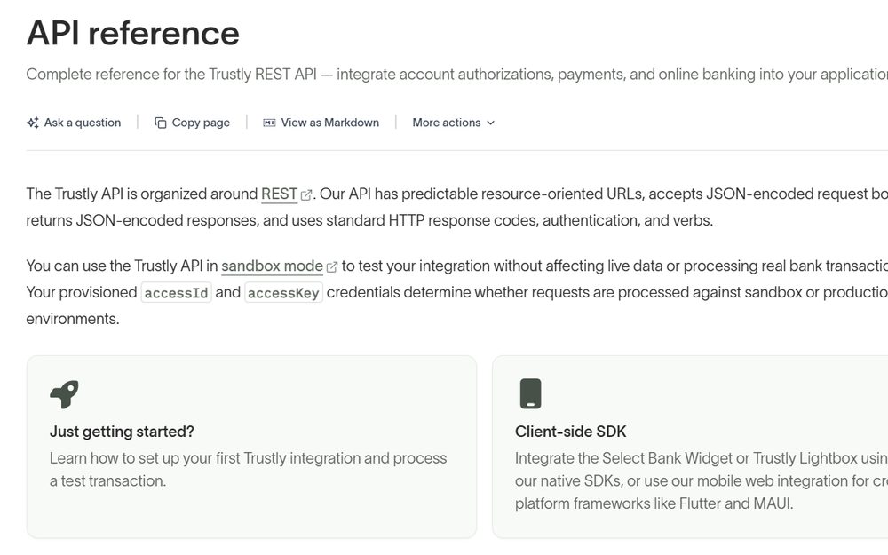 Introduction page of the Trustly API reference