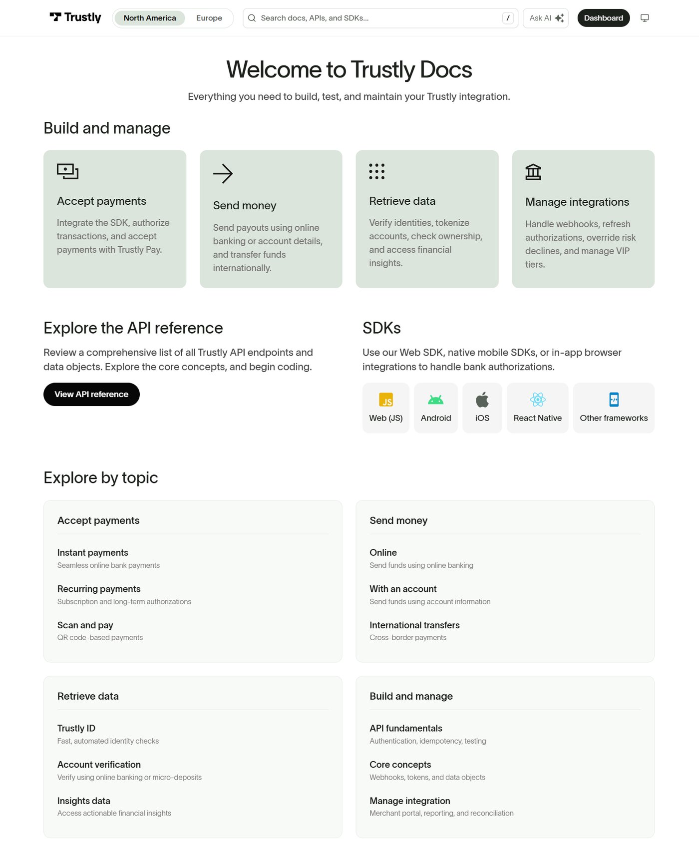 Full home page of the Trustly developer docs: task-based cards for accepting payments, sending money, retrieving data, and managing integrations, then API reference and SDK links, then a topic index